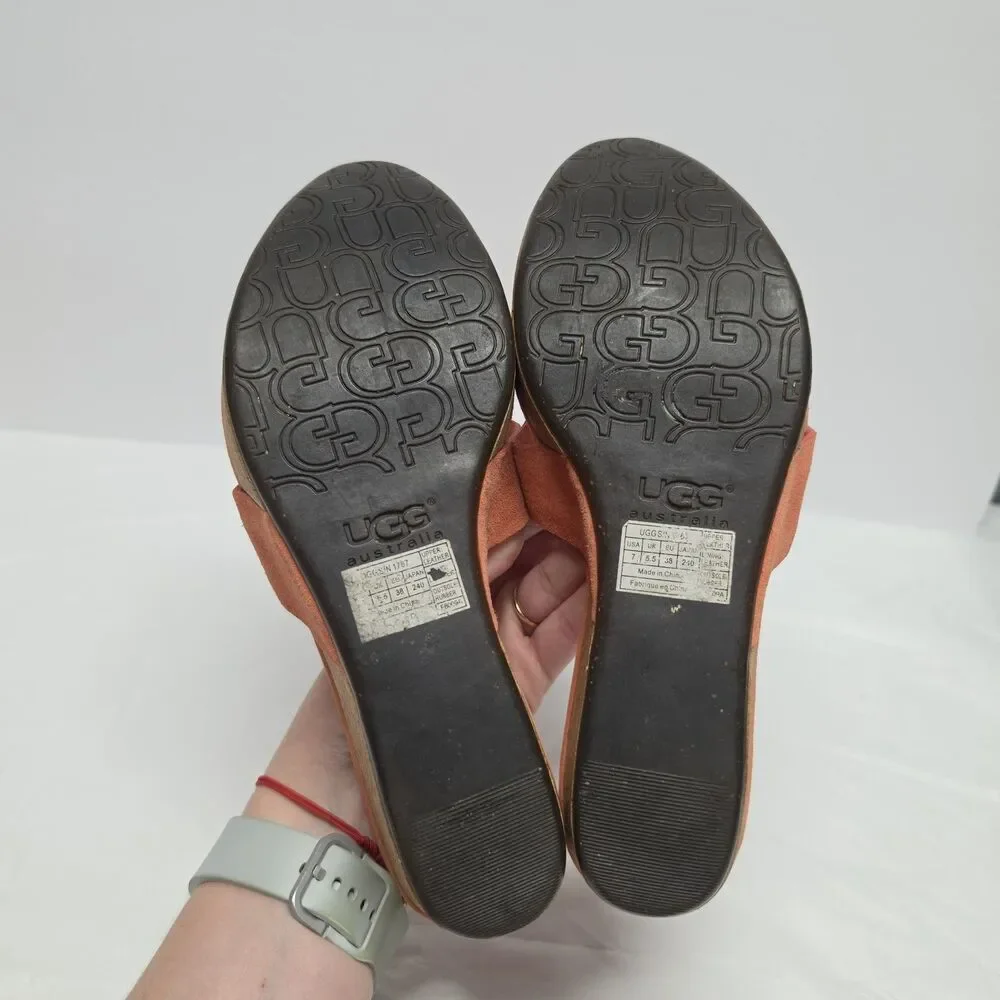 UGG Brook Cork Wedge Coral Orange Suede Thong Sandals Women's 7 Y2K Boho - Picture 8 of 11